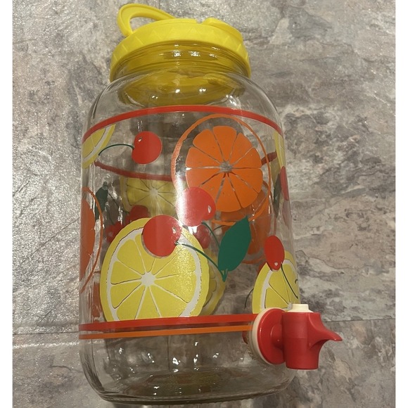 Vintage Sun Tea Glass Water Dispenser Beverage Jar Yellow Lid Cherries And Lemon - Picture 2 of 6